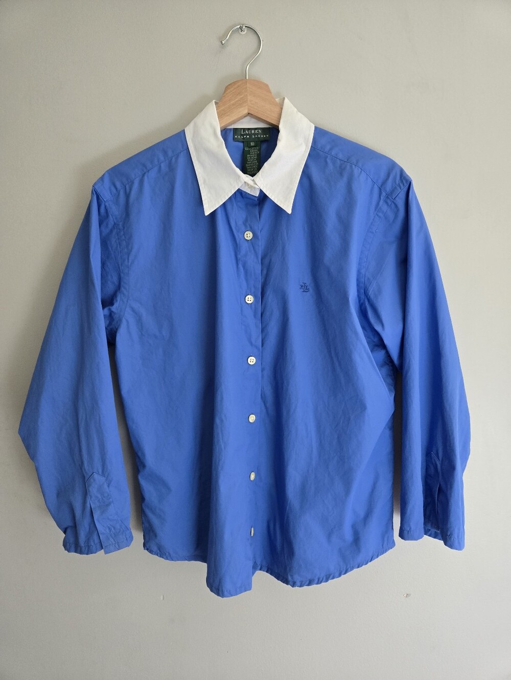 Lauren Ralph Lauren Vintage Y2K 100% Cotton Shirt 10 Preppy Old Money Blue White